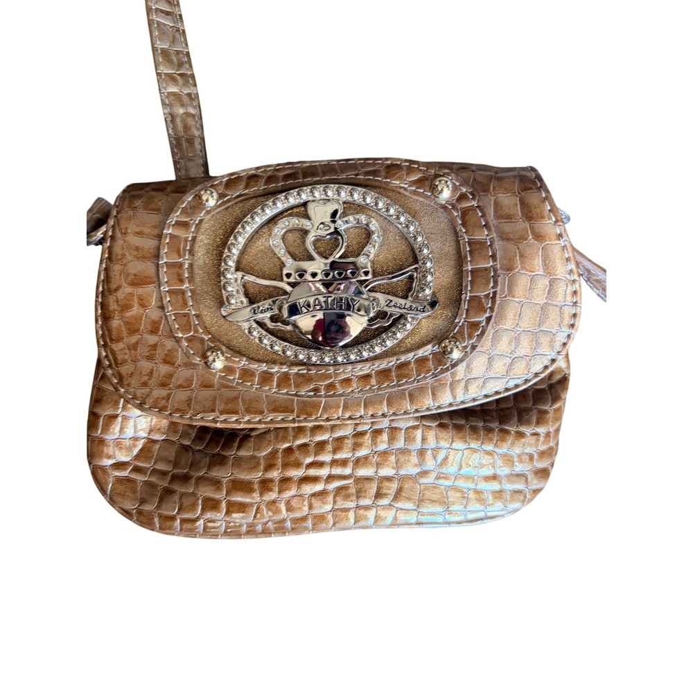 Kathy Van Zeeland Bronze Croc Embossed Crossbody Bag Rhinestone Crown Crest NEW